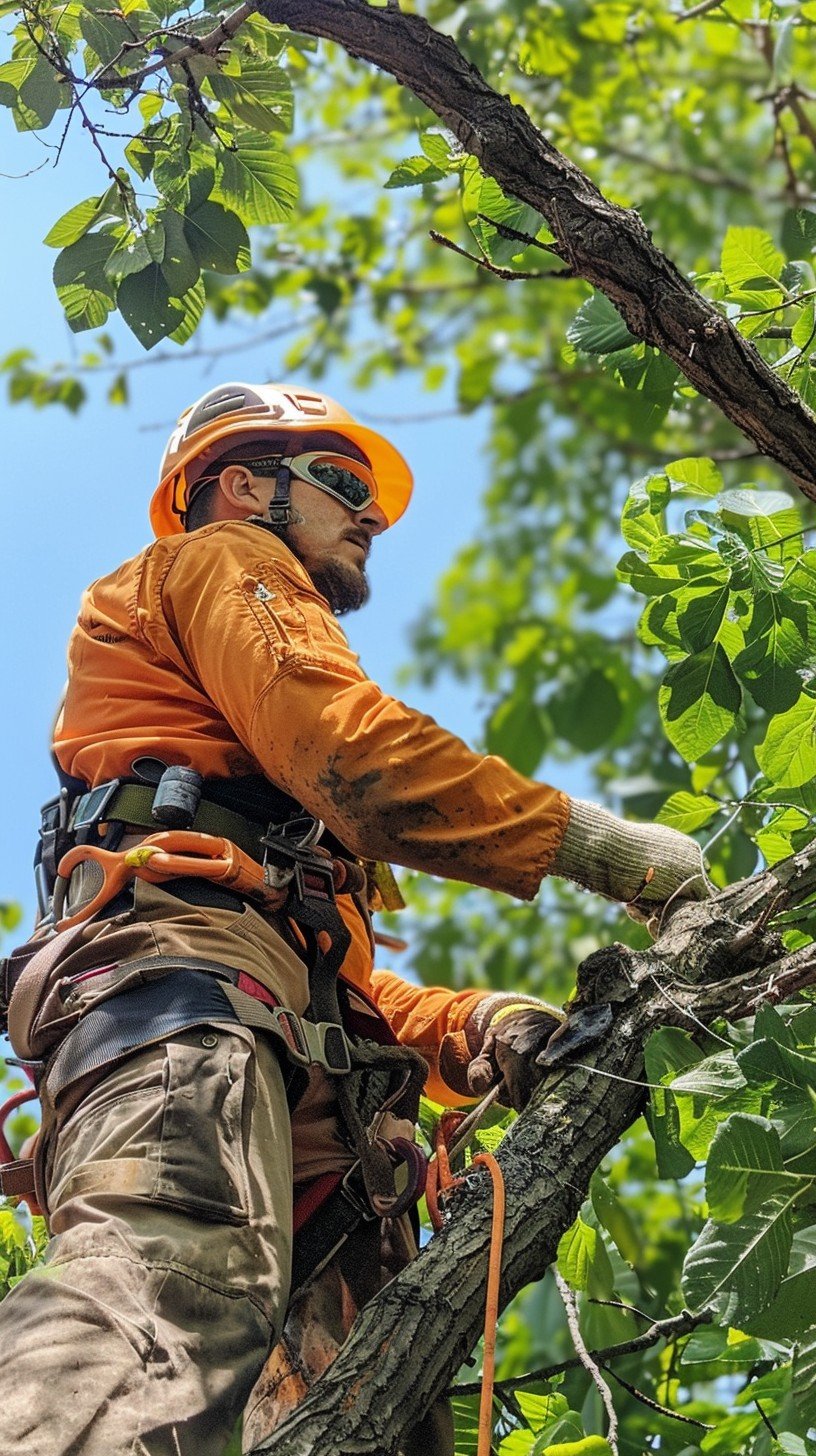 Image of arborist trimming tree branches for D and E Tree and Property Management, a tree care service.